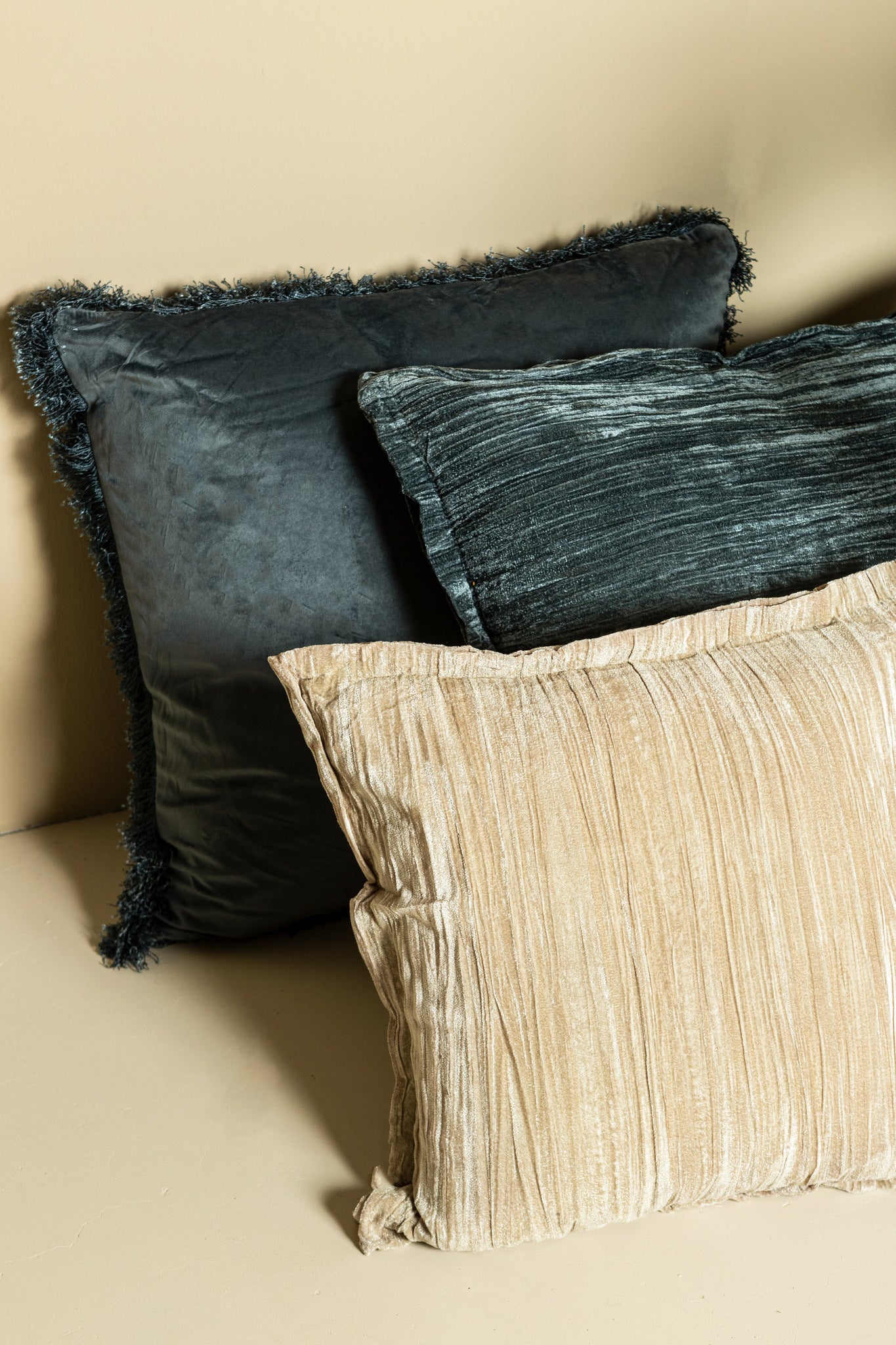 Senny Beige Velvet Cushion Ruffle Rim Rectangle (set of 2)