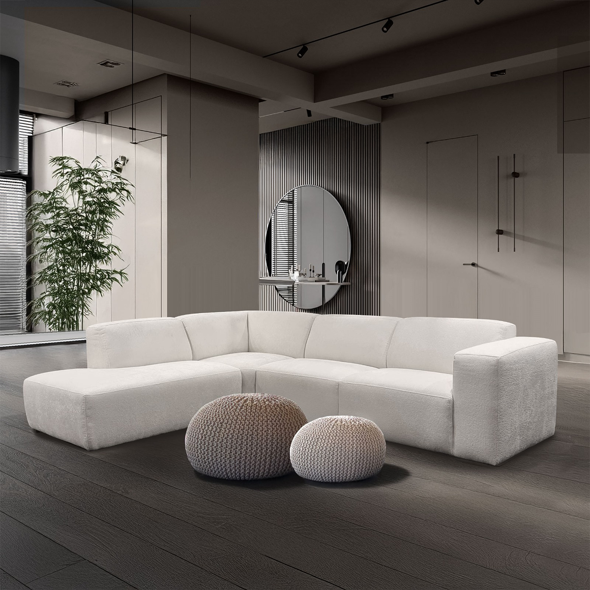 Japandi hoekbank met ottomaan ivoor - Links