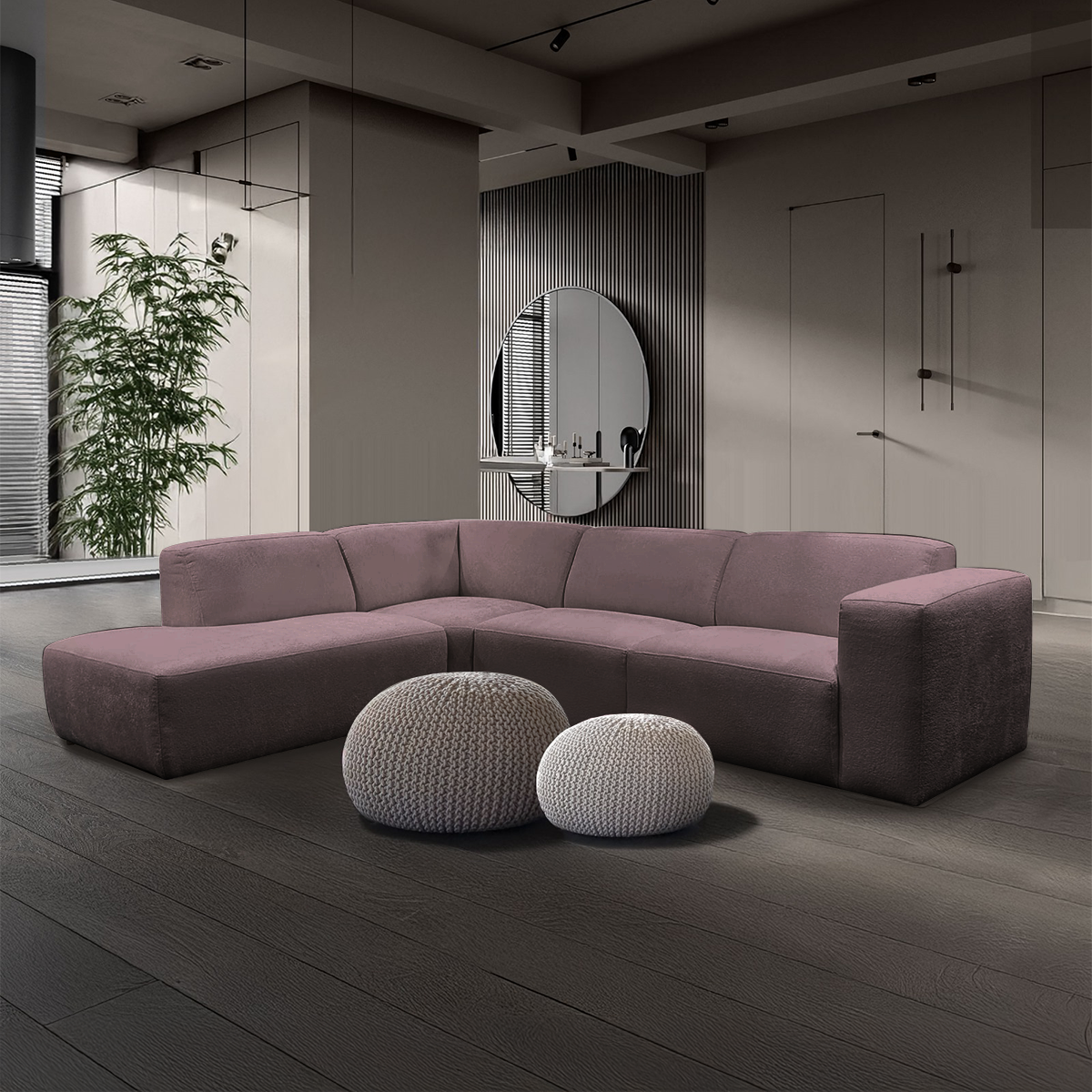 Japandi hoekbank met ottomaan Flamingo - Links