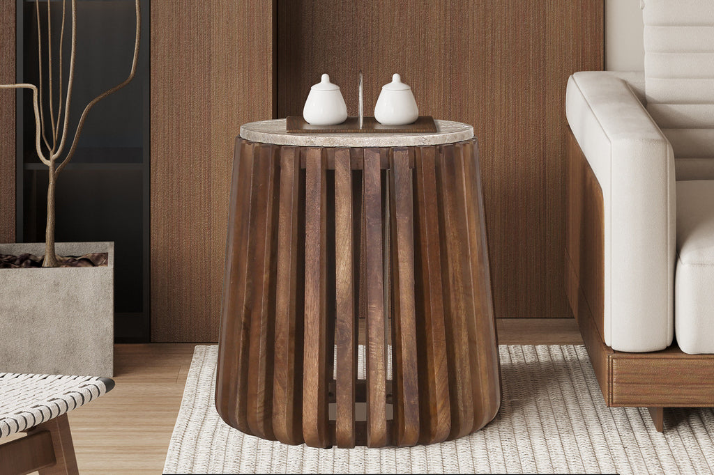 Bijzettafel Luuk 40 cm Rond Mango hout met Travertin Beige