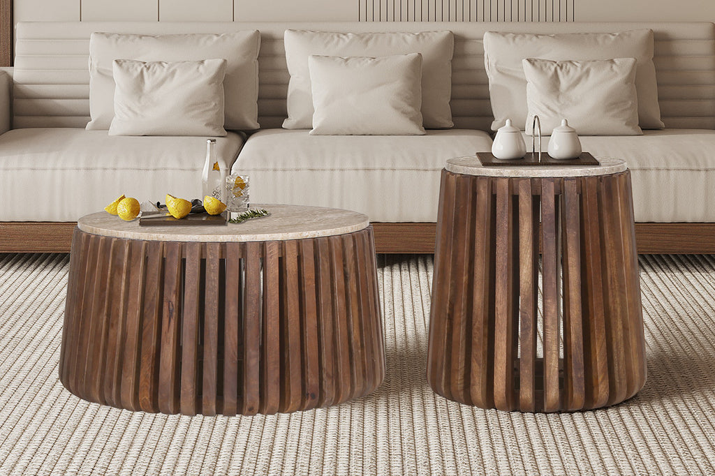 Bijzettafel Luuk 40 cm Rond Mango hout met Travertin Beige