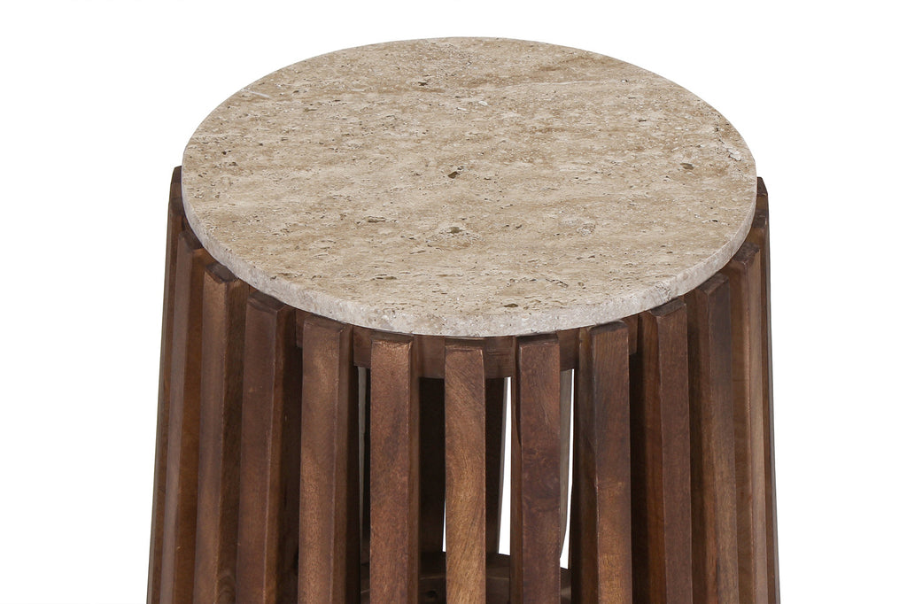 Bijzettafel Luuk 40 cm Rond Mango hout met Travertin Beige