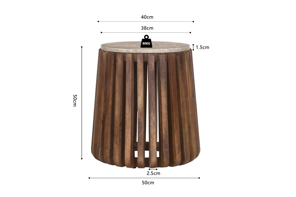 Bijzettafel Luuk 40 cm Rond Mango hout met Travertin Beige