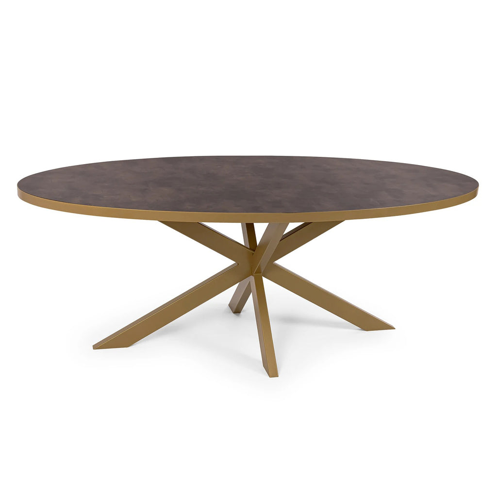 Ovale eettafel 'Mees' 210 x 100cm, kleur goud / lederlook bruin