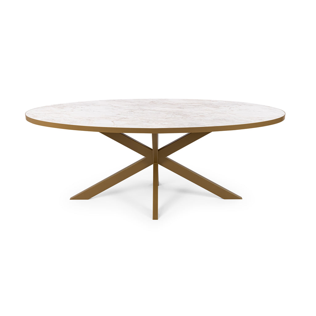 Ovale eettafel 'Mees' 240 x 110cm, kleur goud / wit marmer
