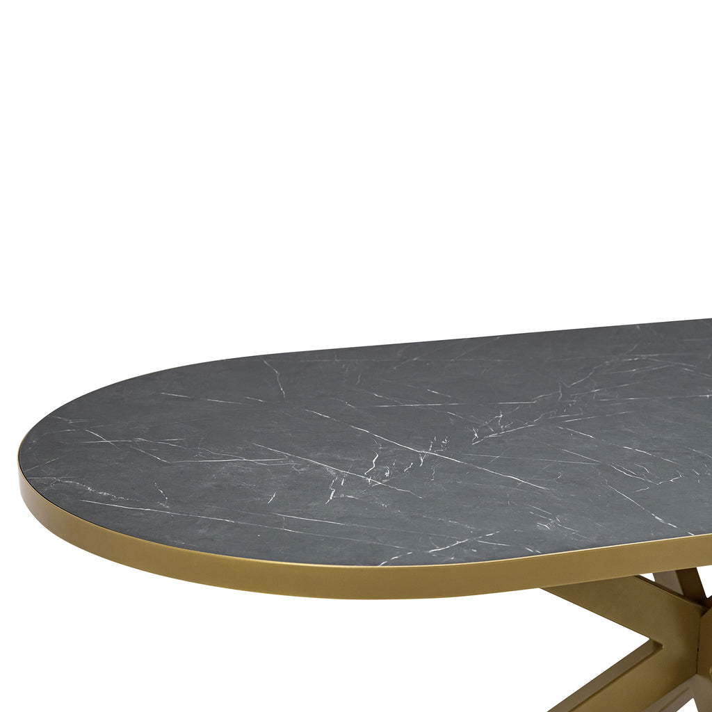 Plat ovale eettafel 'Noud' 180 x 100, kleur goud / zwart marmer