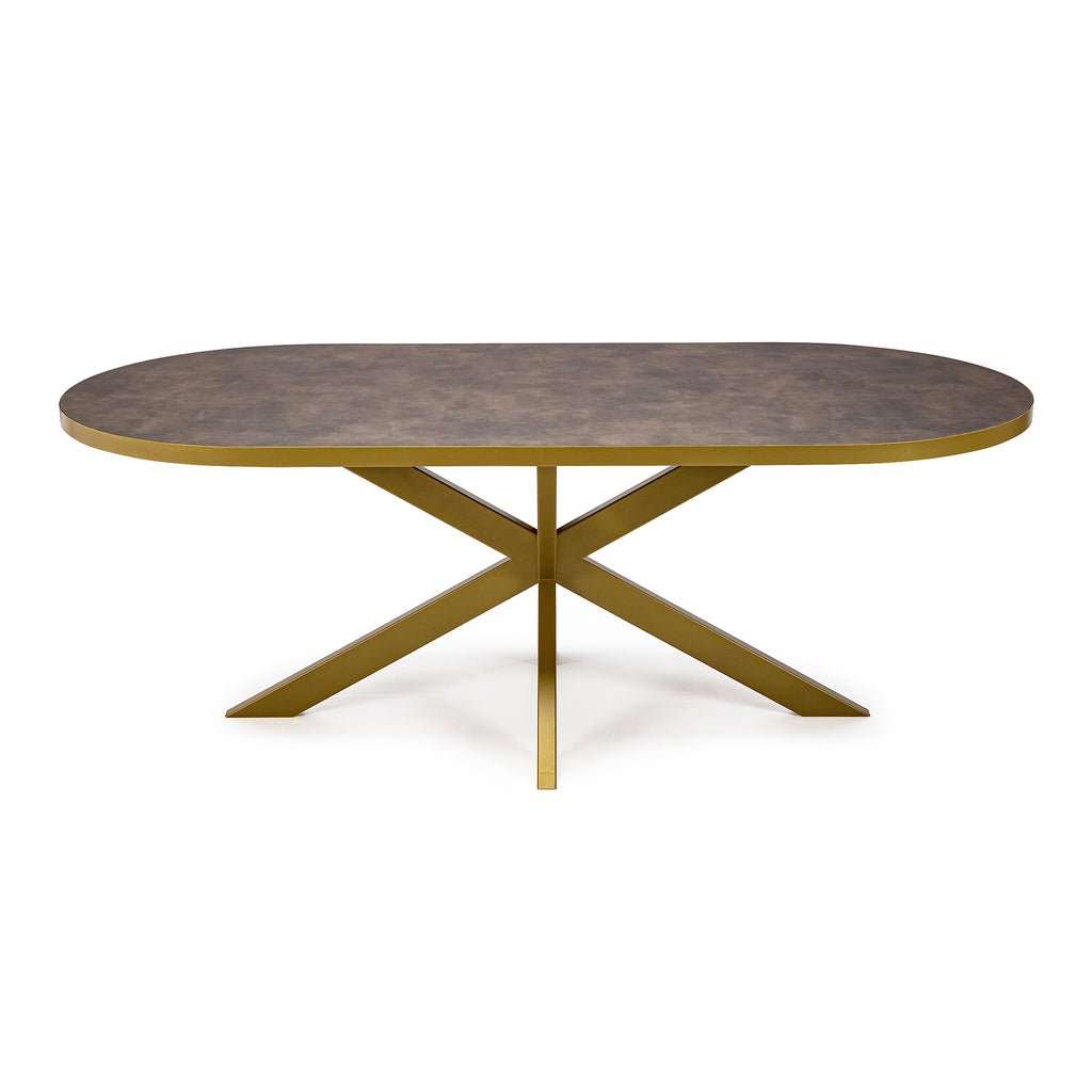 Plat ovale eettafel 'Noud' 210 x 100, kleur goud / lederlook bruin