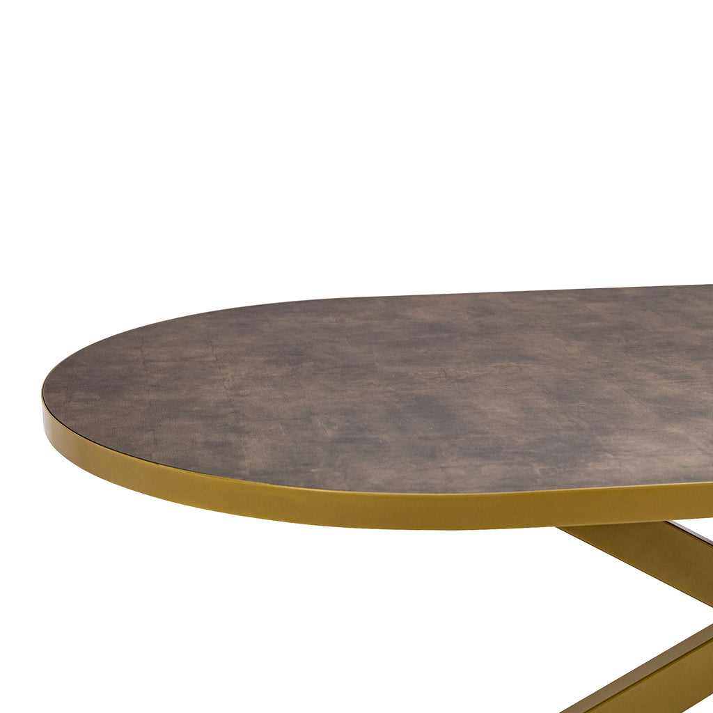 Plat ovale eettafel 'Noud' 210 x 100, kleur goud / lederlook bruin