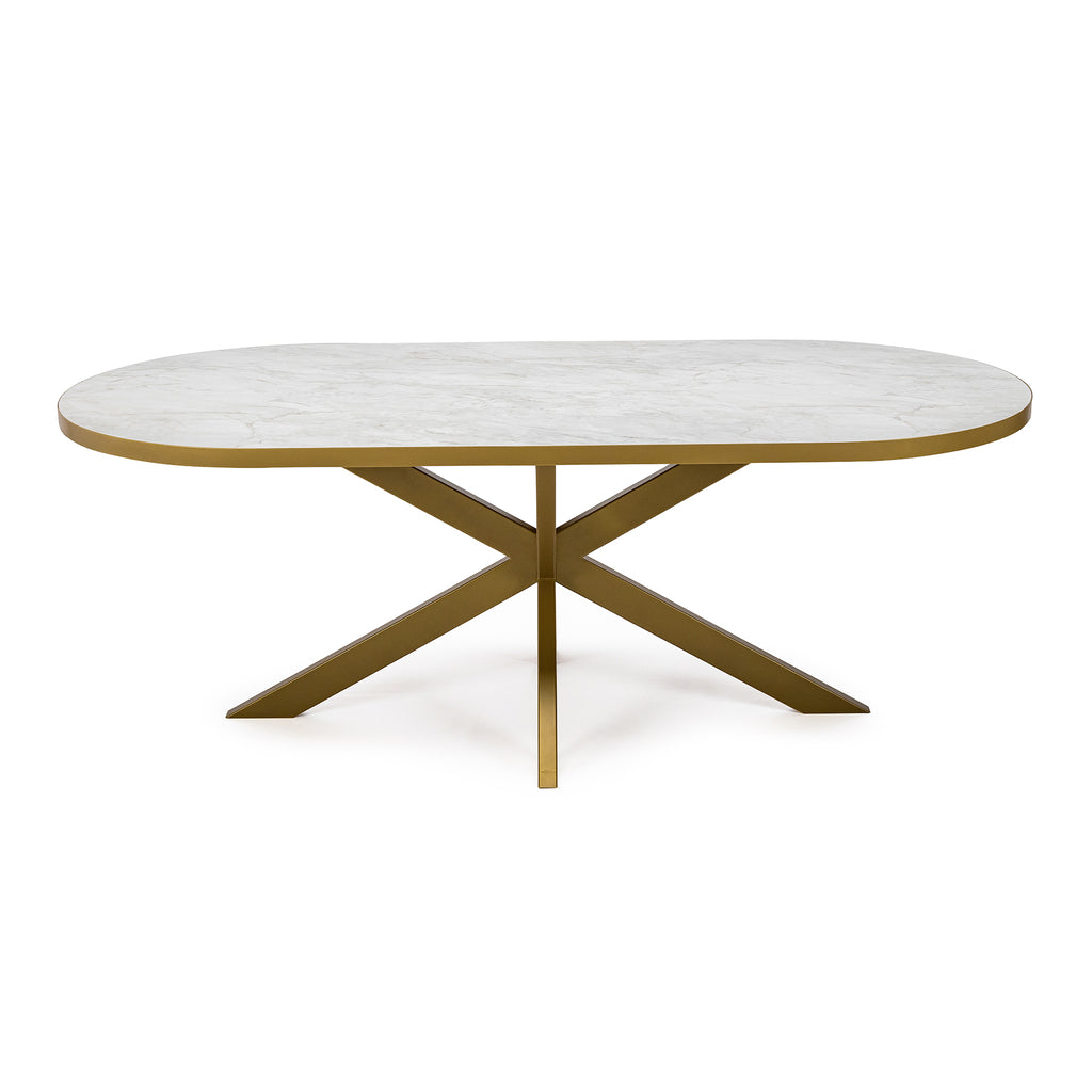 Plat ovale eettafel 'Noud' 210 x 100, kleur goud / wit marmer