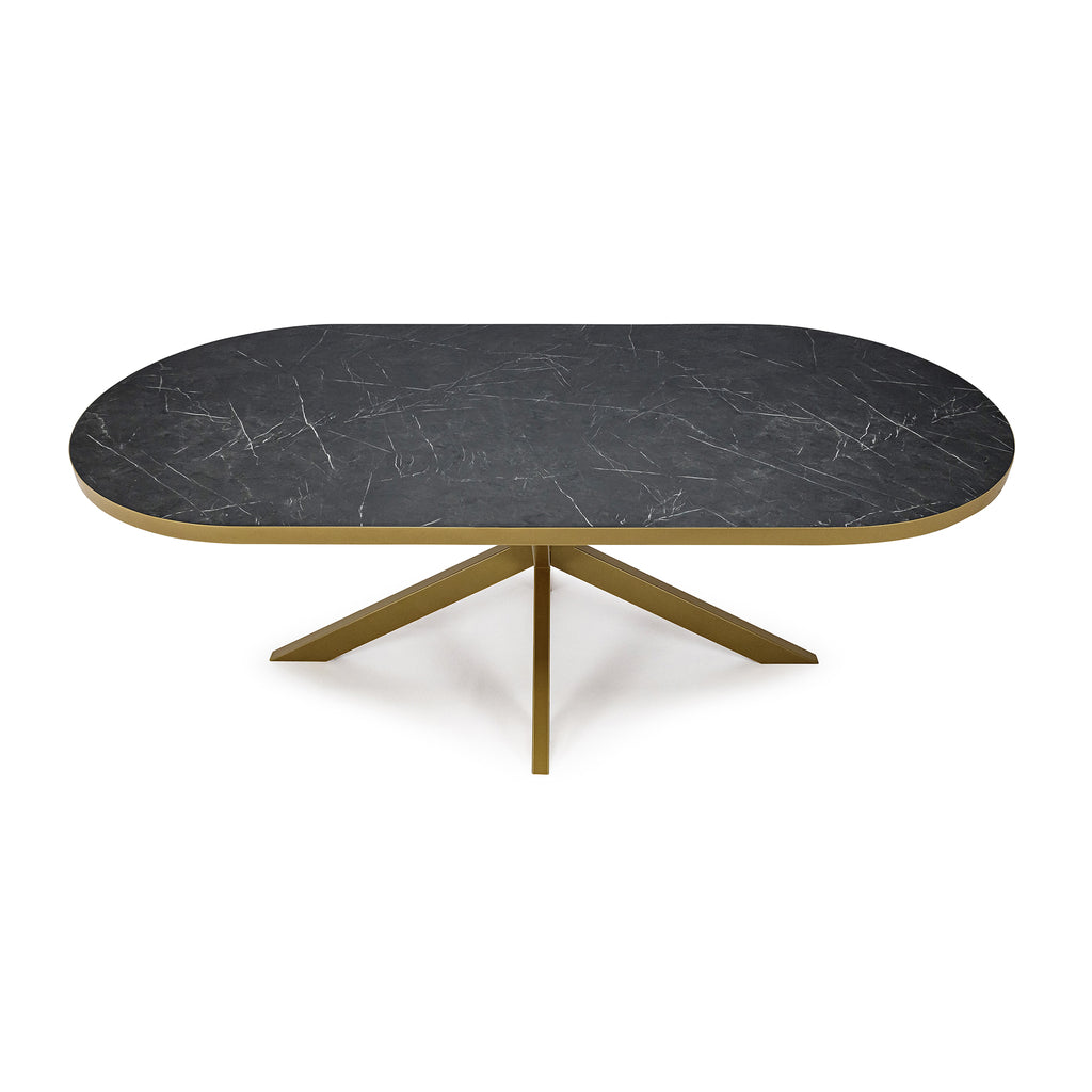 Plat ovale eettafel 'Noud' 210 x 100, kleur goud / zwart marmer