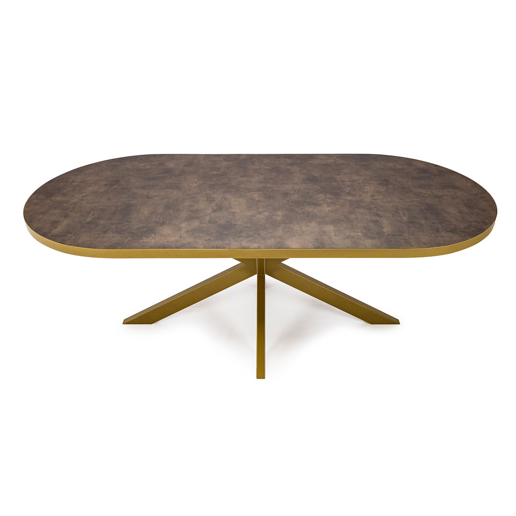 Plat ovale eettafel 'Noud' 240 x 100, kleur goud / lederlook bruin