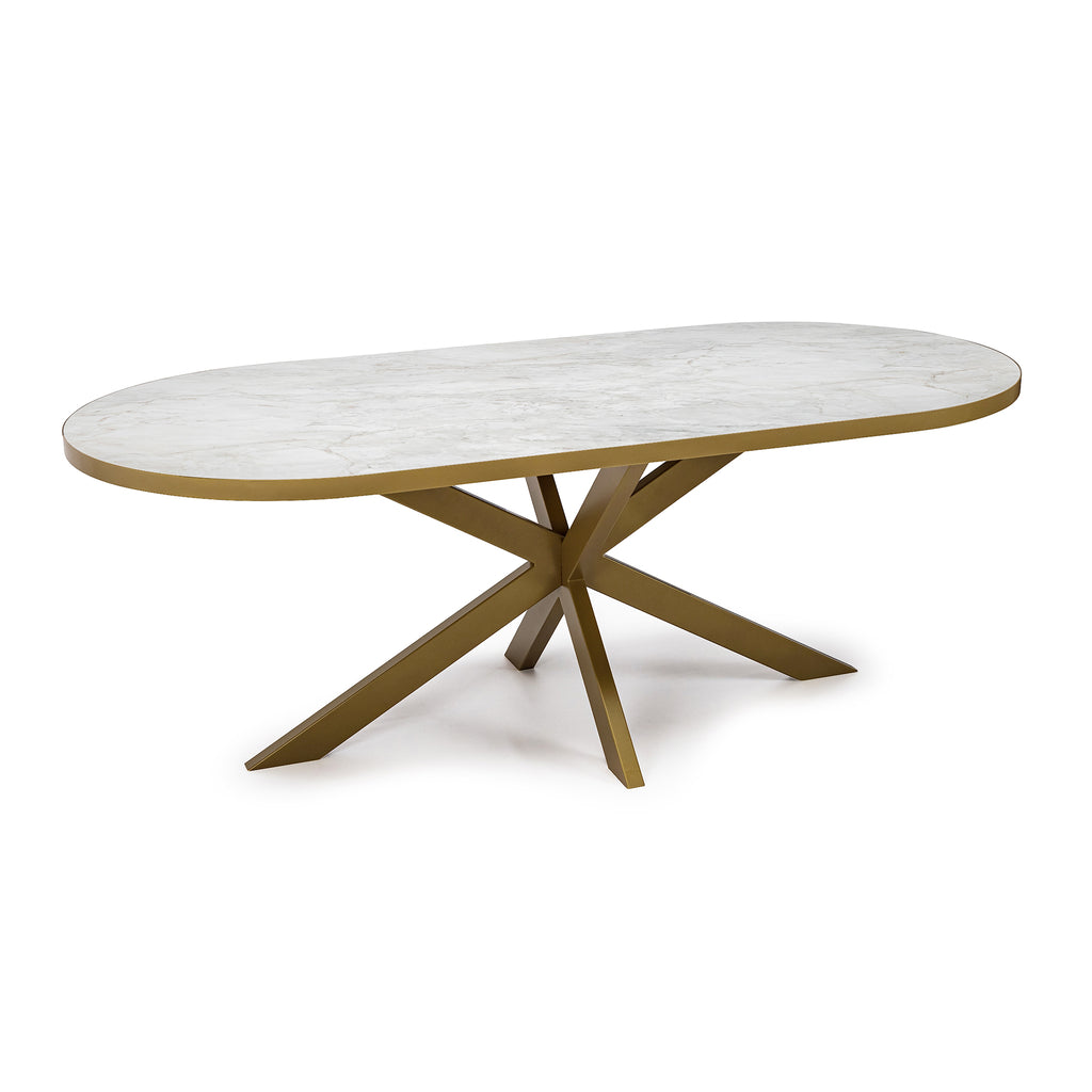 Plat ovale eettafel 'Noud' 240 x 100, kleur goud / wit marmer