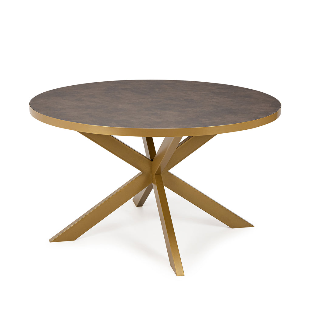 Ronde eettafel 'Daan' 120cm, kleur goud / lederlook bruin