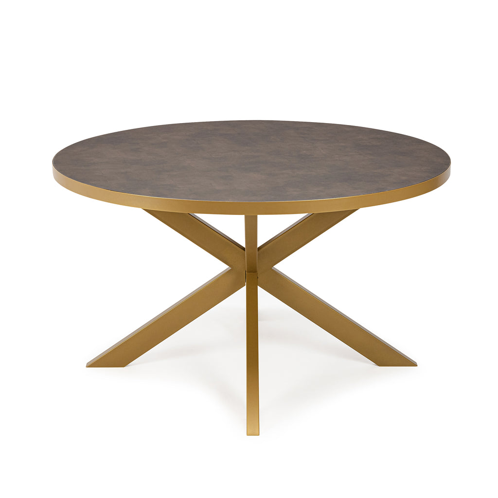 Ronde eettafel 'Daan' 135cm, kleur goud / lederlook bruin