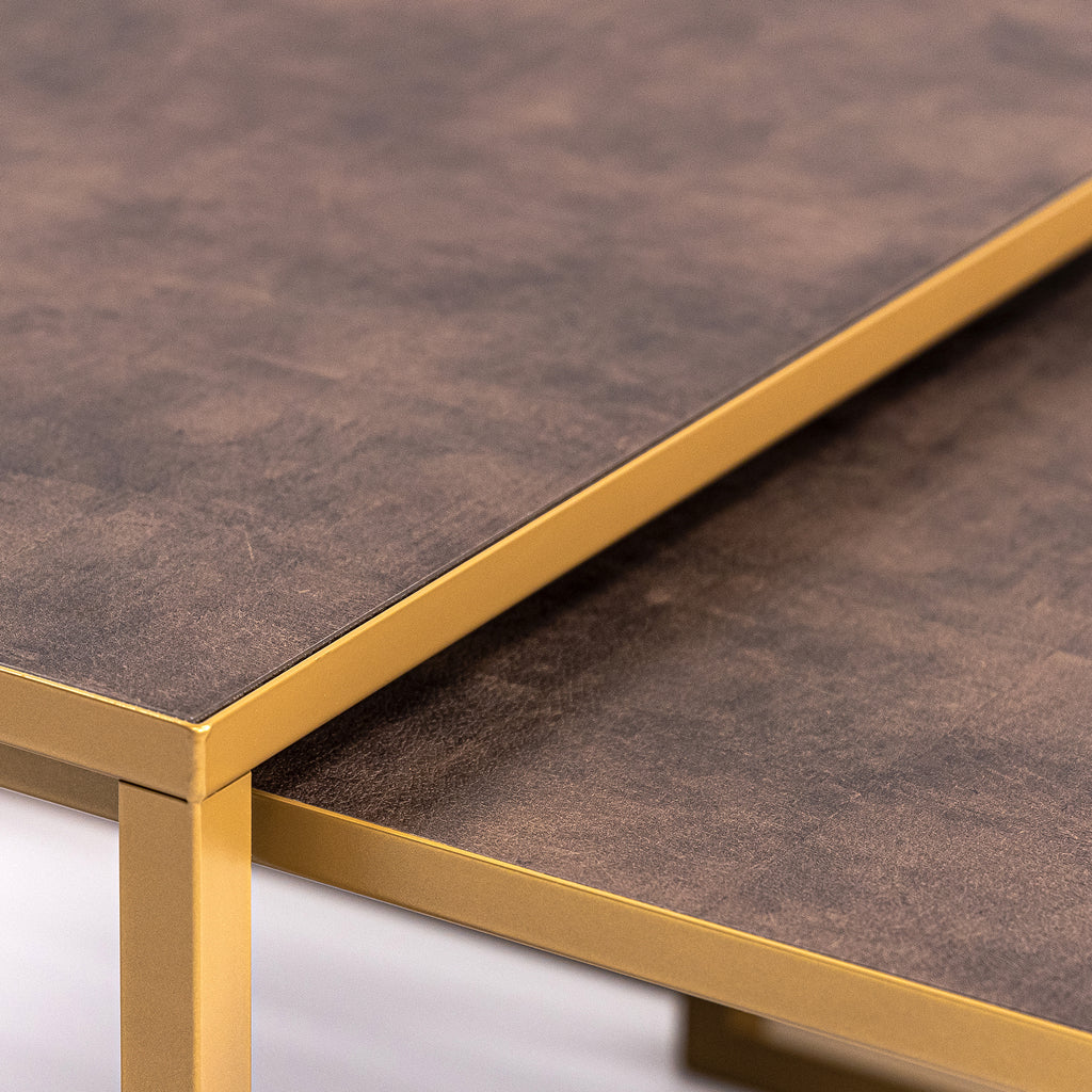 Salontafelset 'Lisa' 65 en 50cm, kleur goud / lederlook bruin