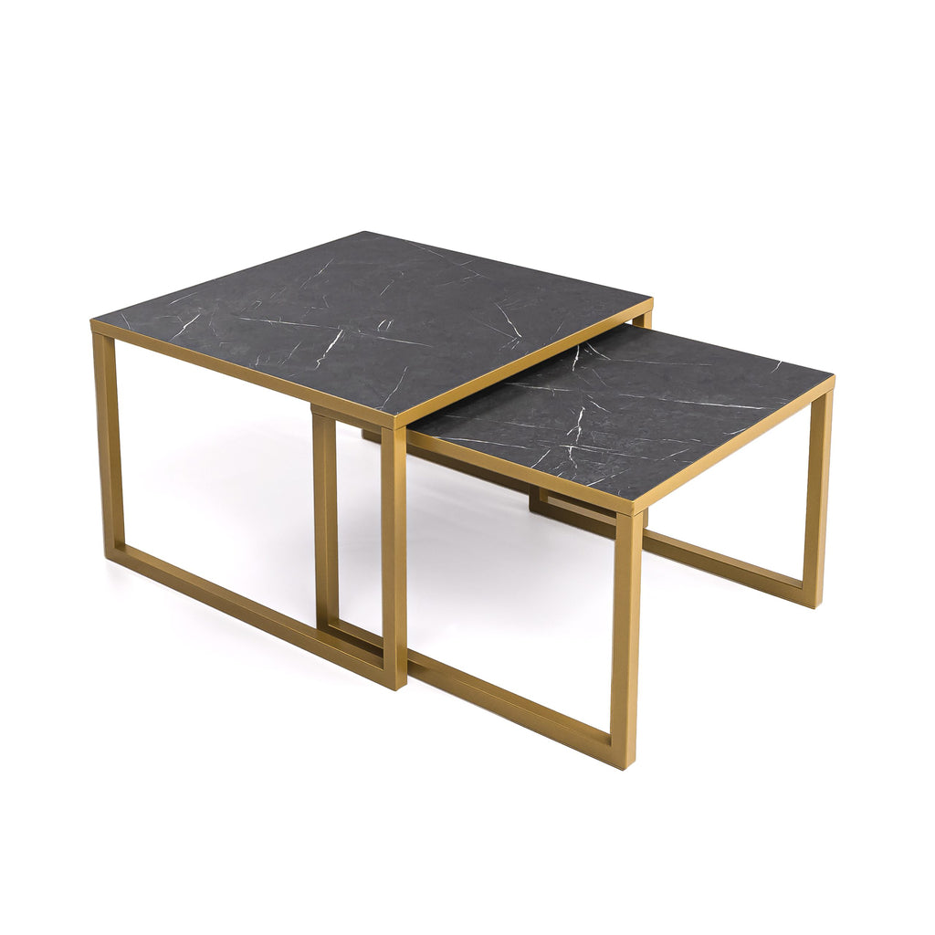 Salontafelset 'Lisa' 65 en 50cm, kleur goud / zwart marmer