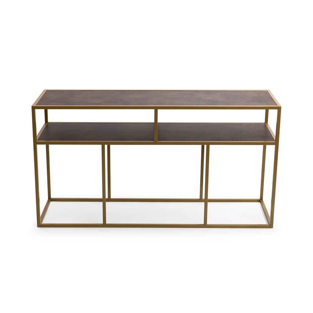 Console Teun 150 cm, kleur goud / lederlook bruin