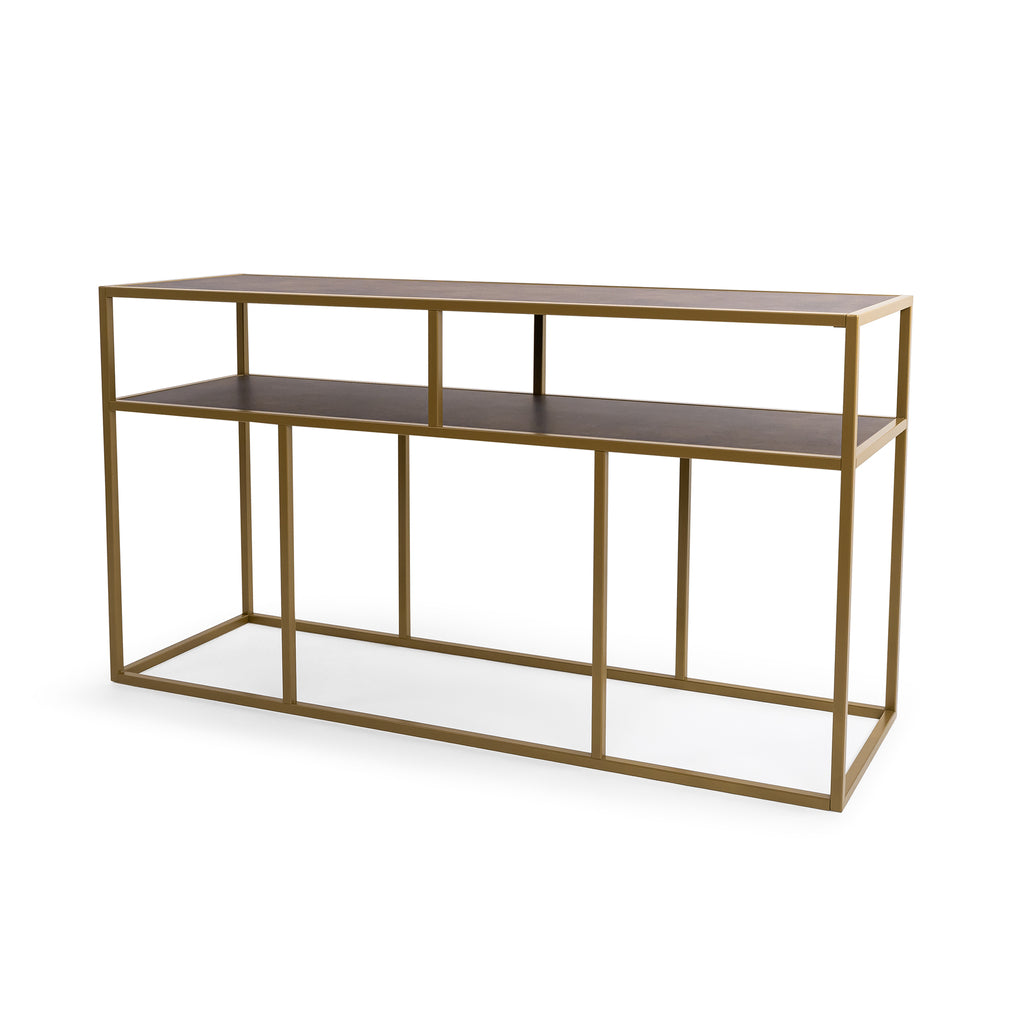 Console Teun 150 cm, kleur goud / lederlook bruin