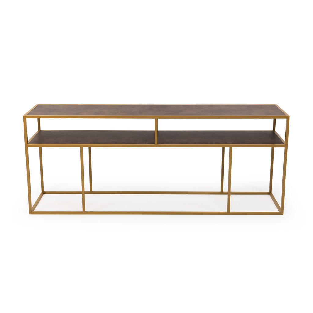 Console Teun 200 cm, kleur goud / lederlook bruin