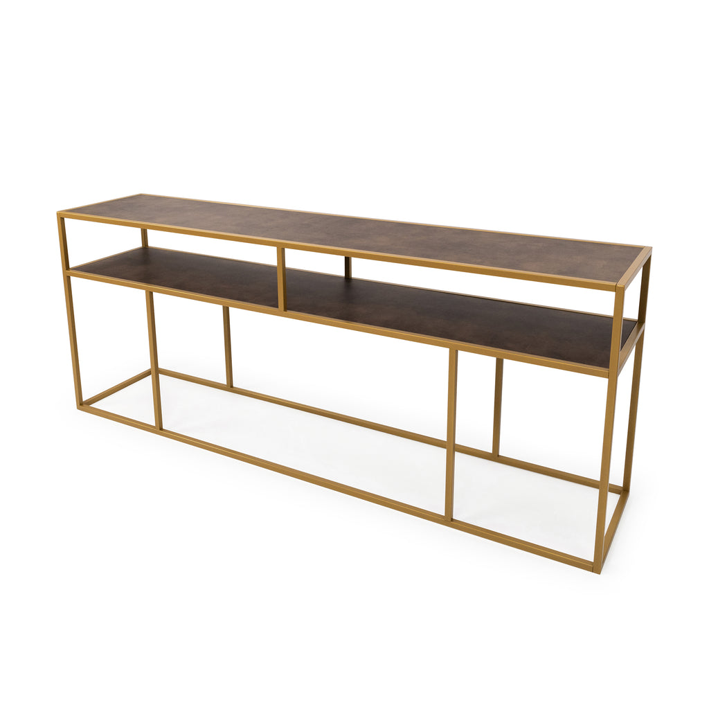 Console Teun 200 cm, kleur goud / lederlook bruin