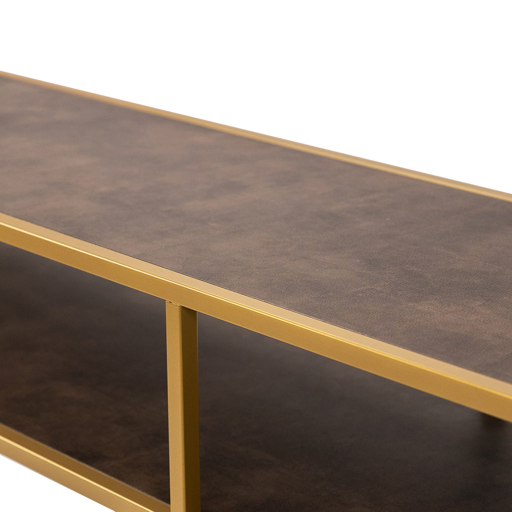 Console Teun 200 cm, kleur goud / lederlook bruin